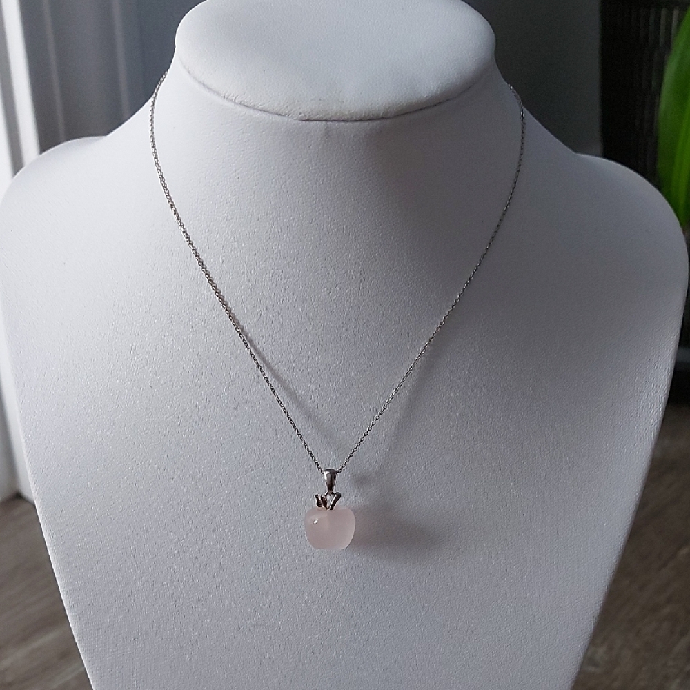 Dainty Rose Quartz Apple Pendant Necklace 925 Sterling Silver Chain